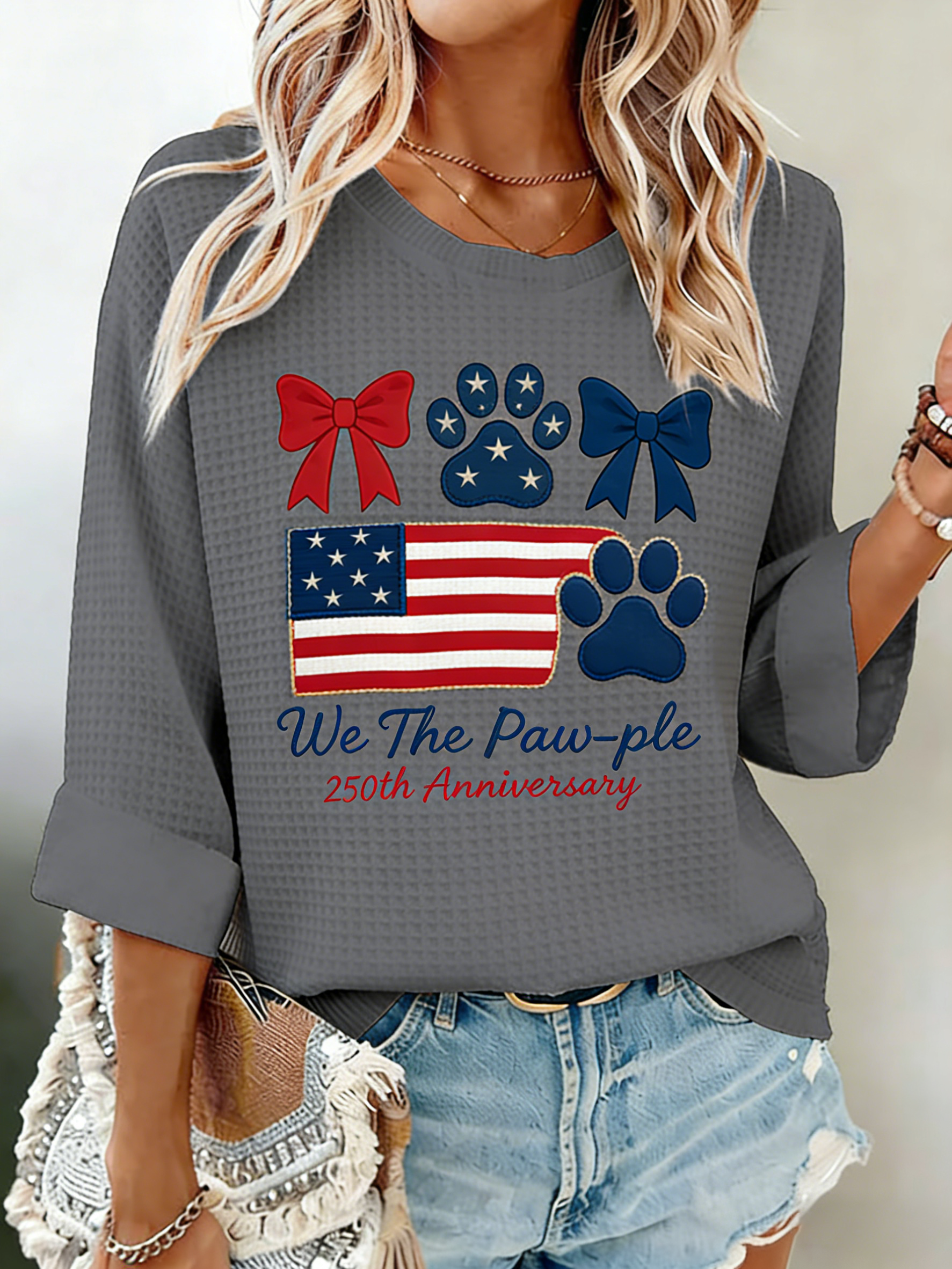 We The Paw-ple 250th Anniversary American Flag Embroidered Waffle Knit Top