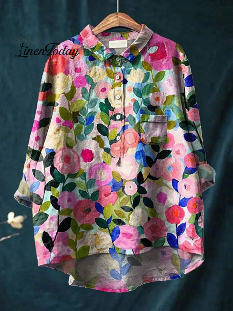 Women's Flower Print Casual Cotton And Linen Shirt