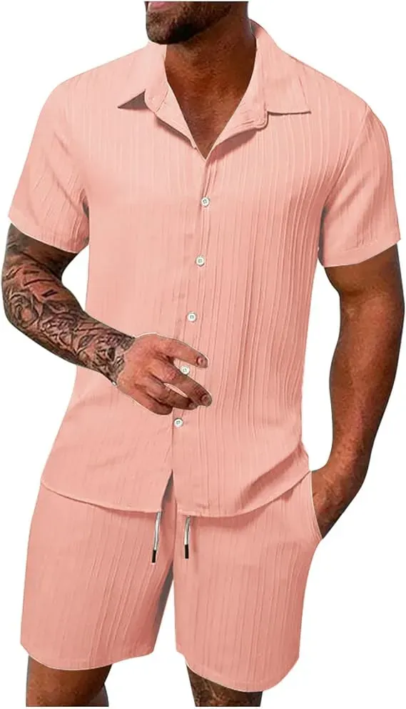 Men'S Solid Textured Short Sleeve Button Front Shirt & Pocket Drawstring Waist Shorts Two-Piece Set, Casual Summer Outfits Clothes Set For Men, Sets For Men Clothing, Menswear,  Summer Outfits Set
