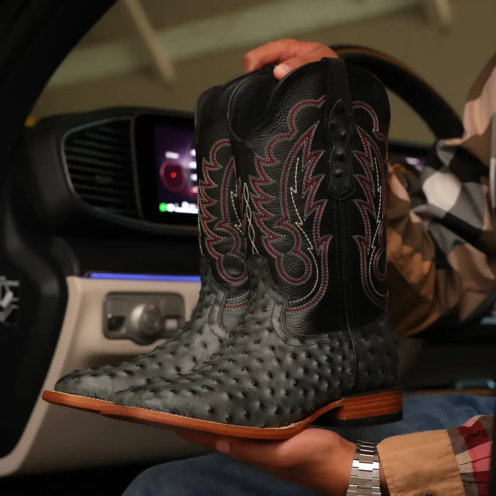 Grey Ostrich Leather Boots — Square Toe