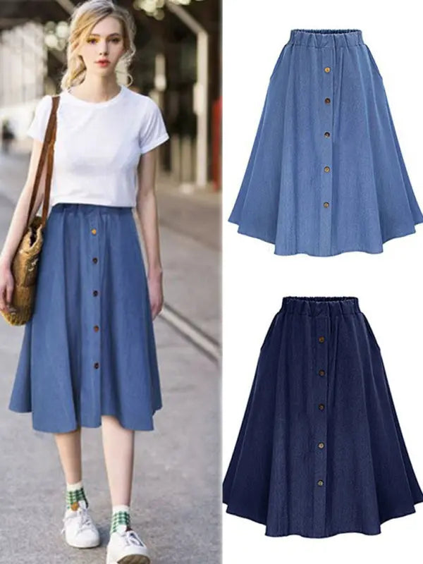 High Waist Solid Color Midi Denim Skirt