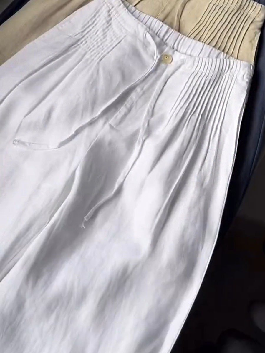 Women's Solid Color Pleated Drawstring Casual Cotton and Linen Wide Leg Pants