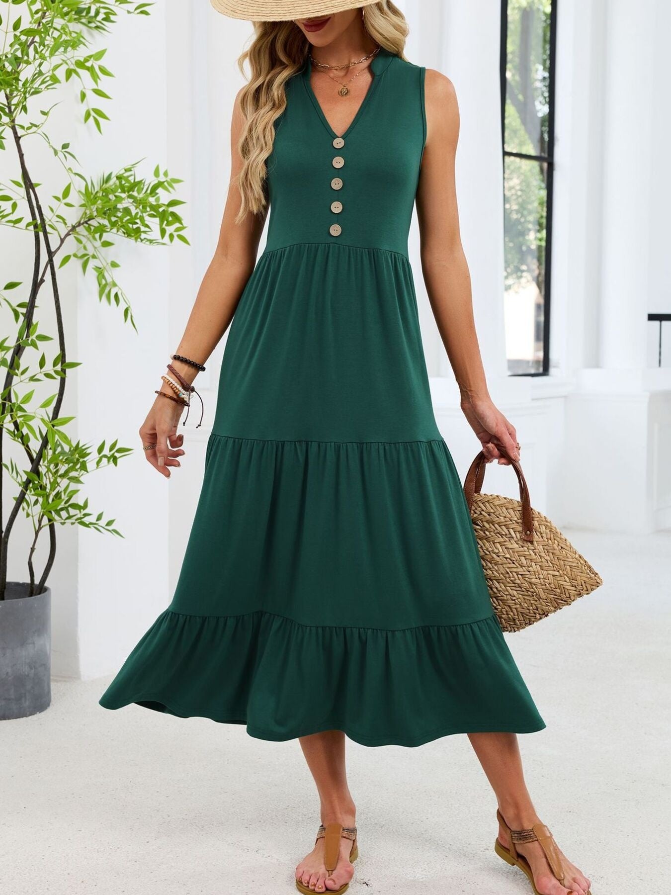 Ruffled Notched Tiered Midi Dress