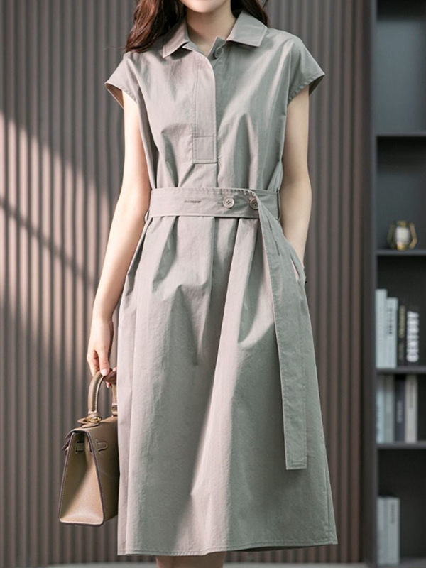 Bandage Solid Color Plus Size Short Sleeves Lapel Midi Dresses