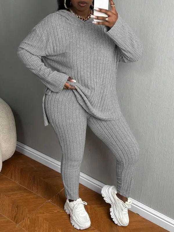 Plus Size Women’s Ribbed Hoodie & Pants Set – Cozy Casual Fall & Winter Outfit