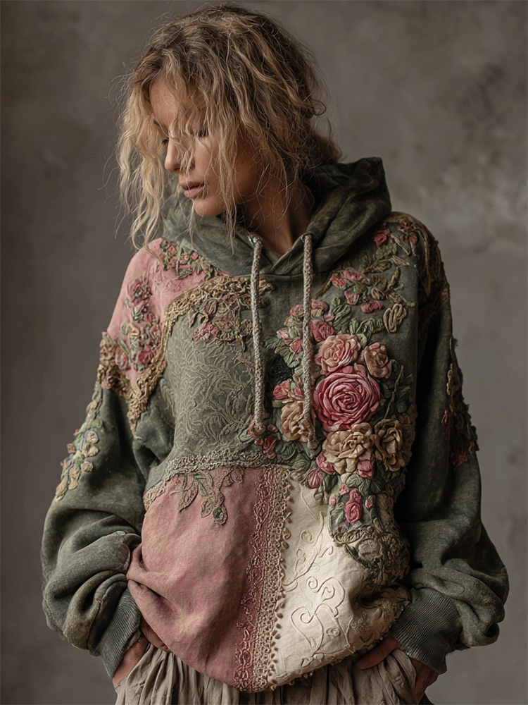 Vintage Pink Roses Floral Embroidered Patchwork Hoodie