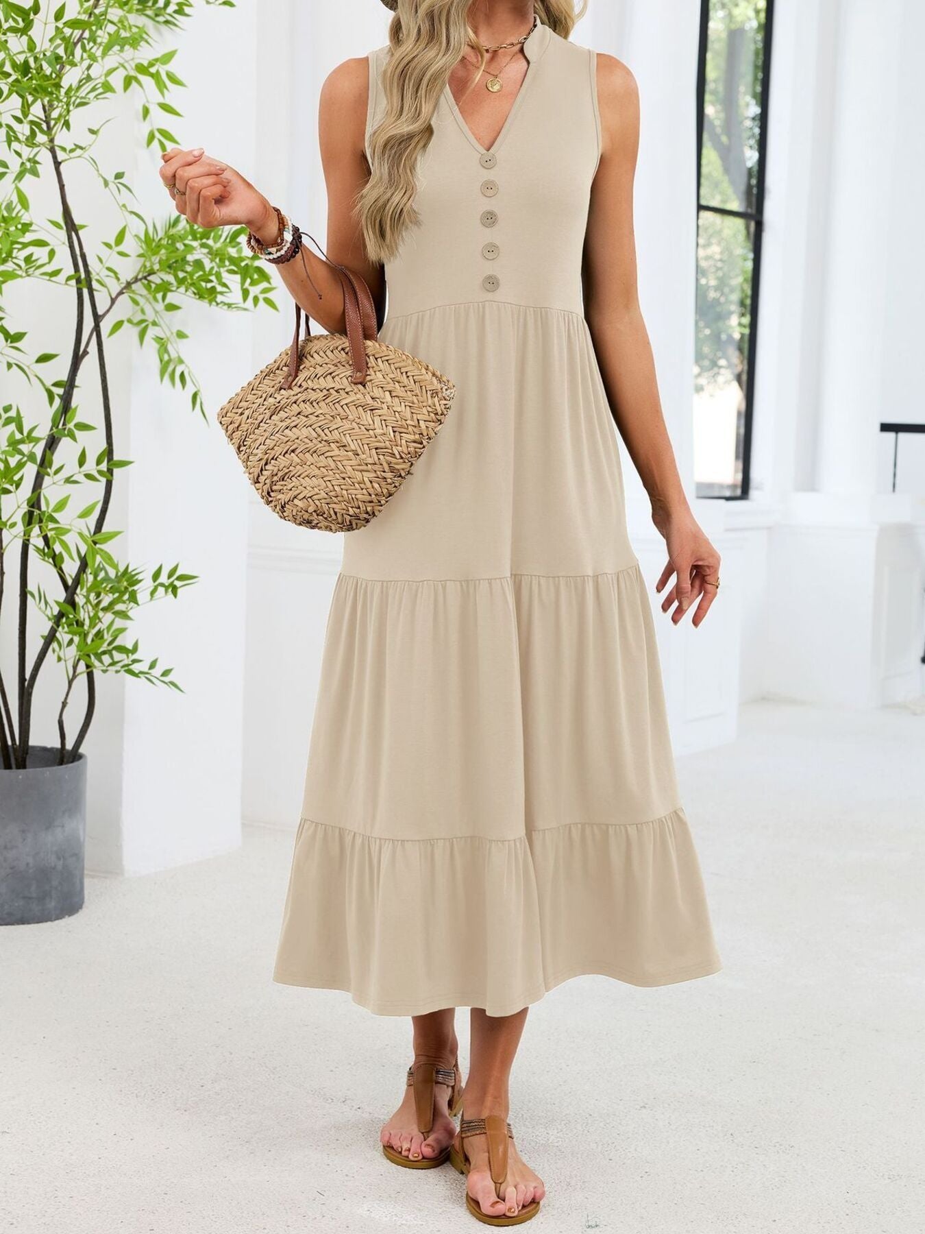 Ruffled Notched Tiered Midi Dress