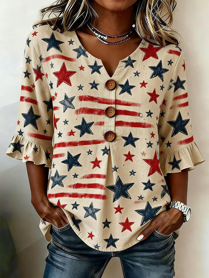 Women'S Independence Day 250Th Anniversary Commemorative Flag Flower Art Retro Printed Casual Top