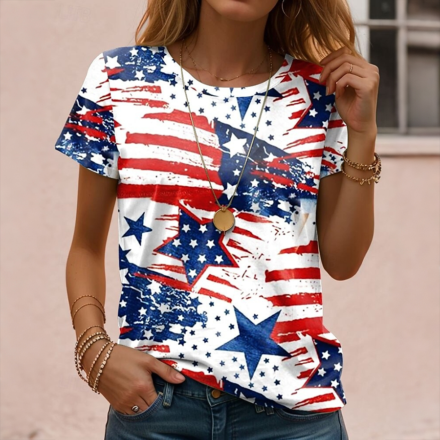 Ladies' Casual US National Day Gradient Printed Round Neck T-Shirt