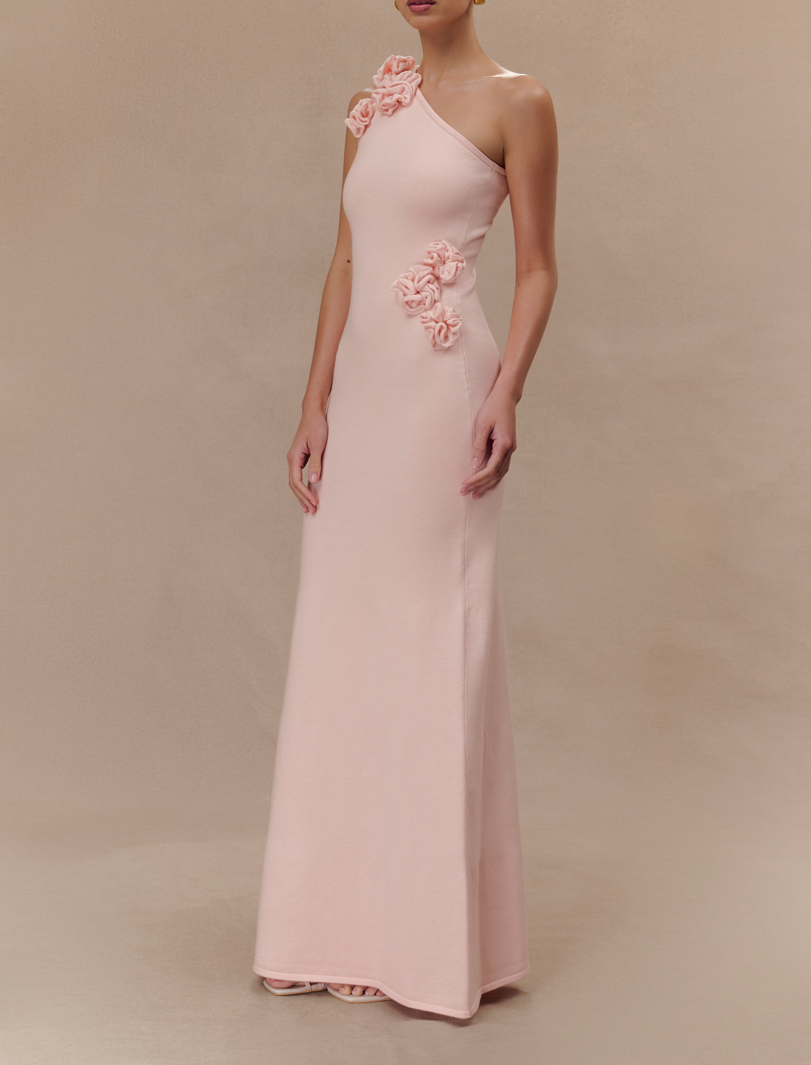 Pink One Shoulder Knit Maxi Dress With Flowers