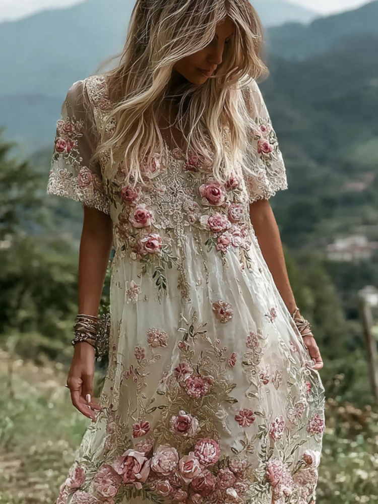 Women's Pink Flower Embroidery V-neck Linen Blend V-neck Short Sleeve Midi Dress