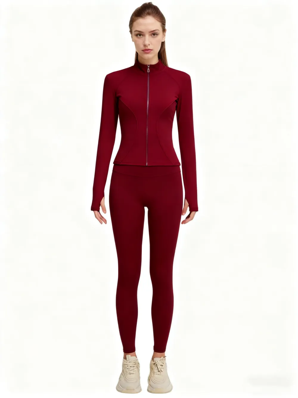 Women's Solid Zip Up Mock Neck Sports Jacket & High Waist Leggings Set