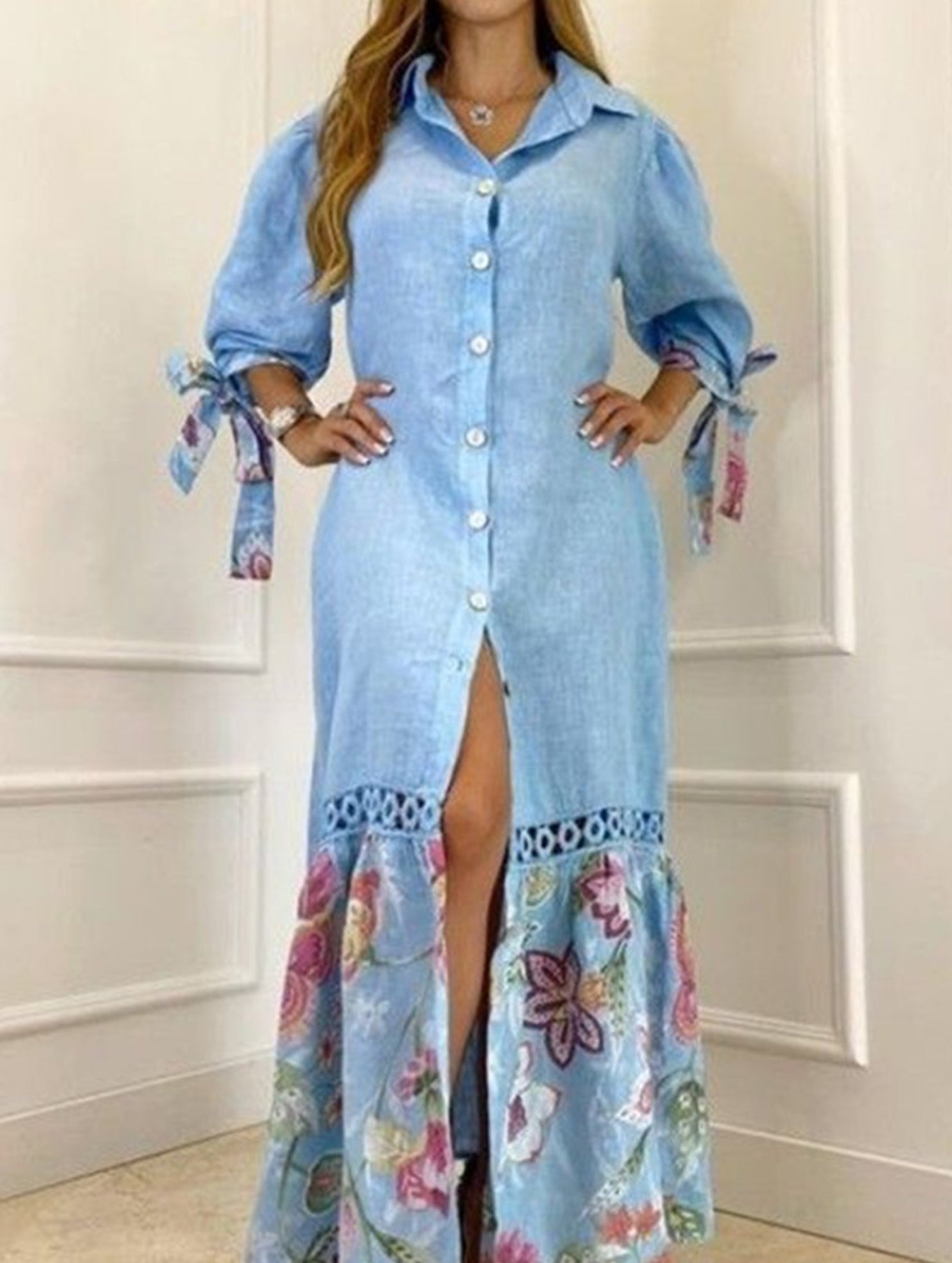 Lace Tie Sleeve Shirt Dress