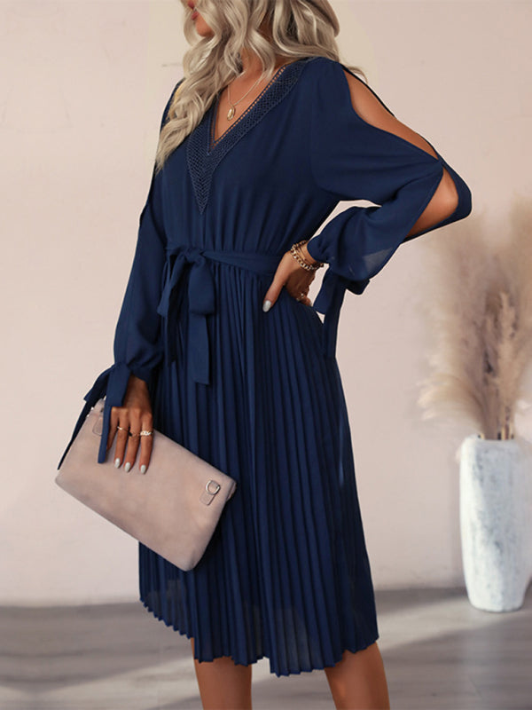 Hollow-Out Long-Sleeve Skirt Pleated V-Neck Lace Panel Dress