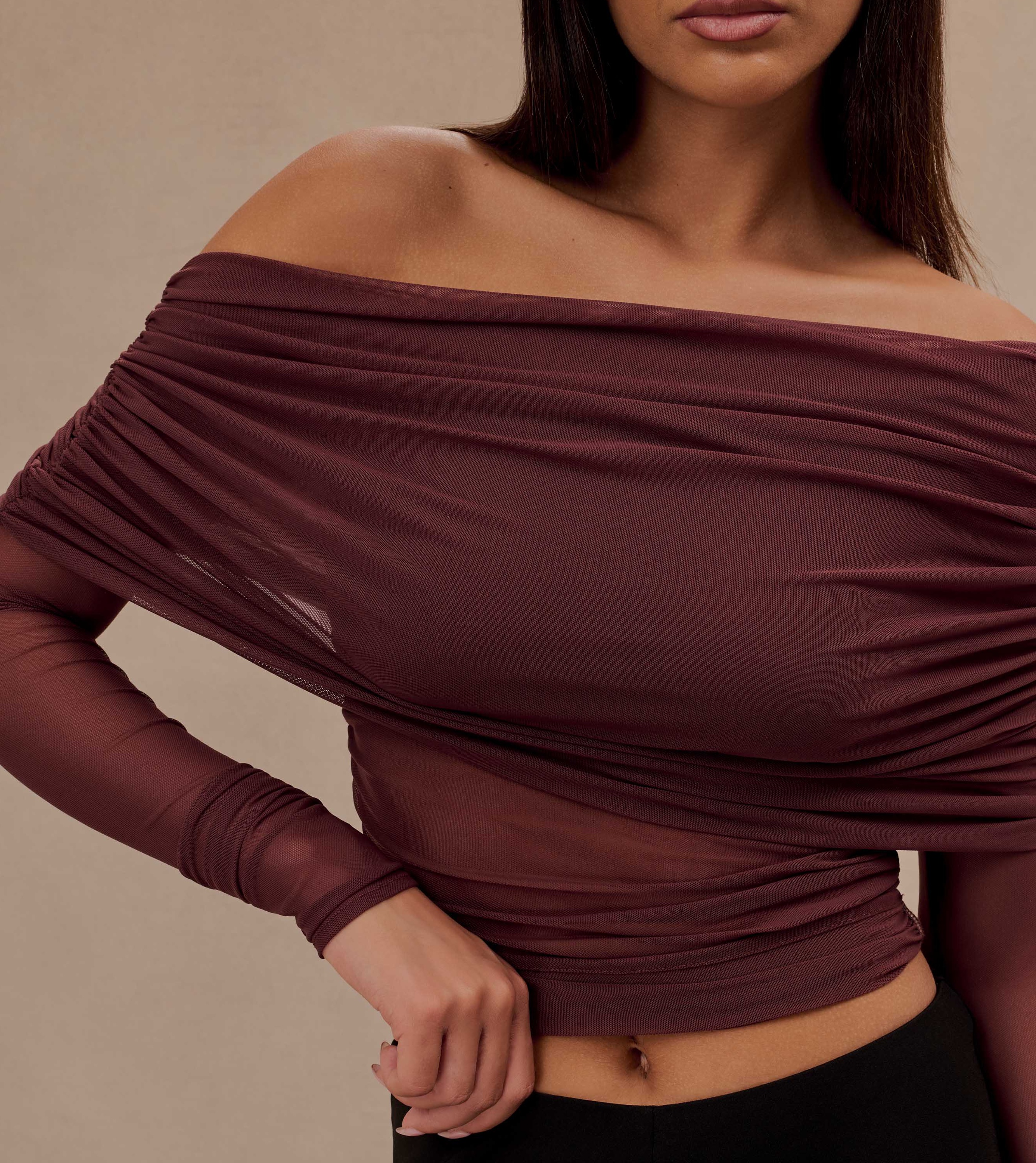 Mahogany Sheer Mesh Off Shoulder Top