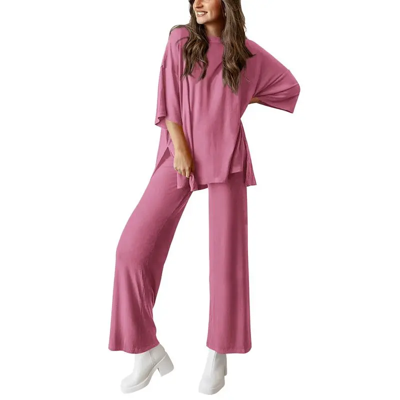 Women's 2-Piece Outfits Short Sleeve Pullover Tops Split Hem Wide Leg Pants Lounge Sets