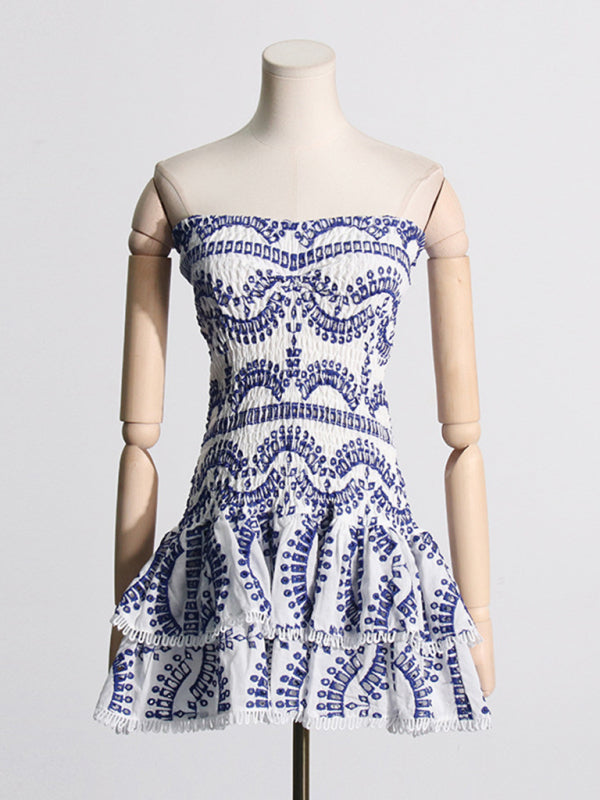 Embroidered Tube Top Dress With Hollow Ruffles And Stitching Design A-Line Skirt