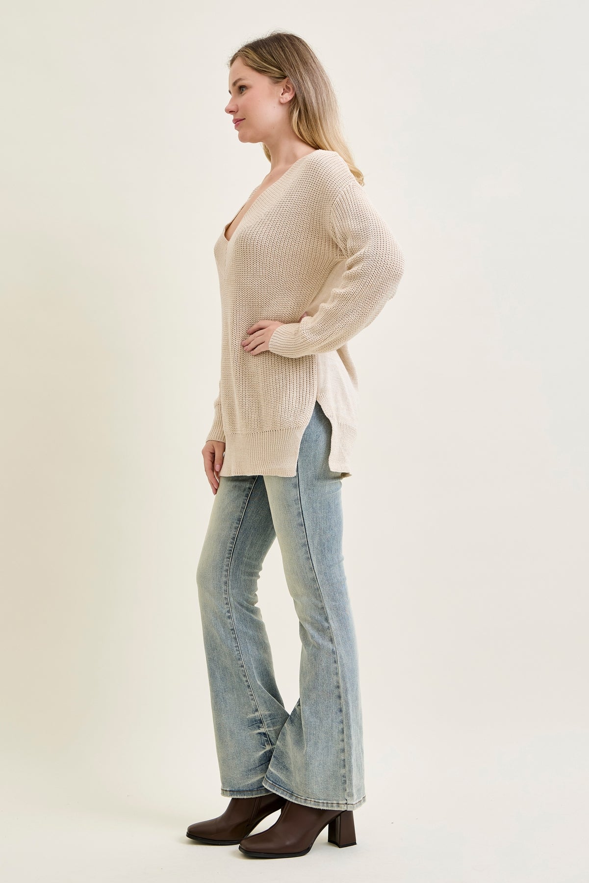 Slouchy V-Neck Off Shoulder Beige Sweater