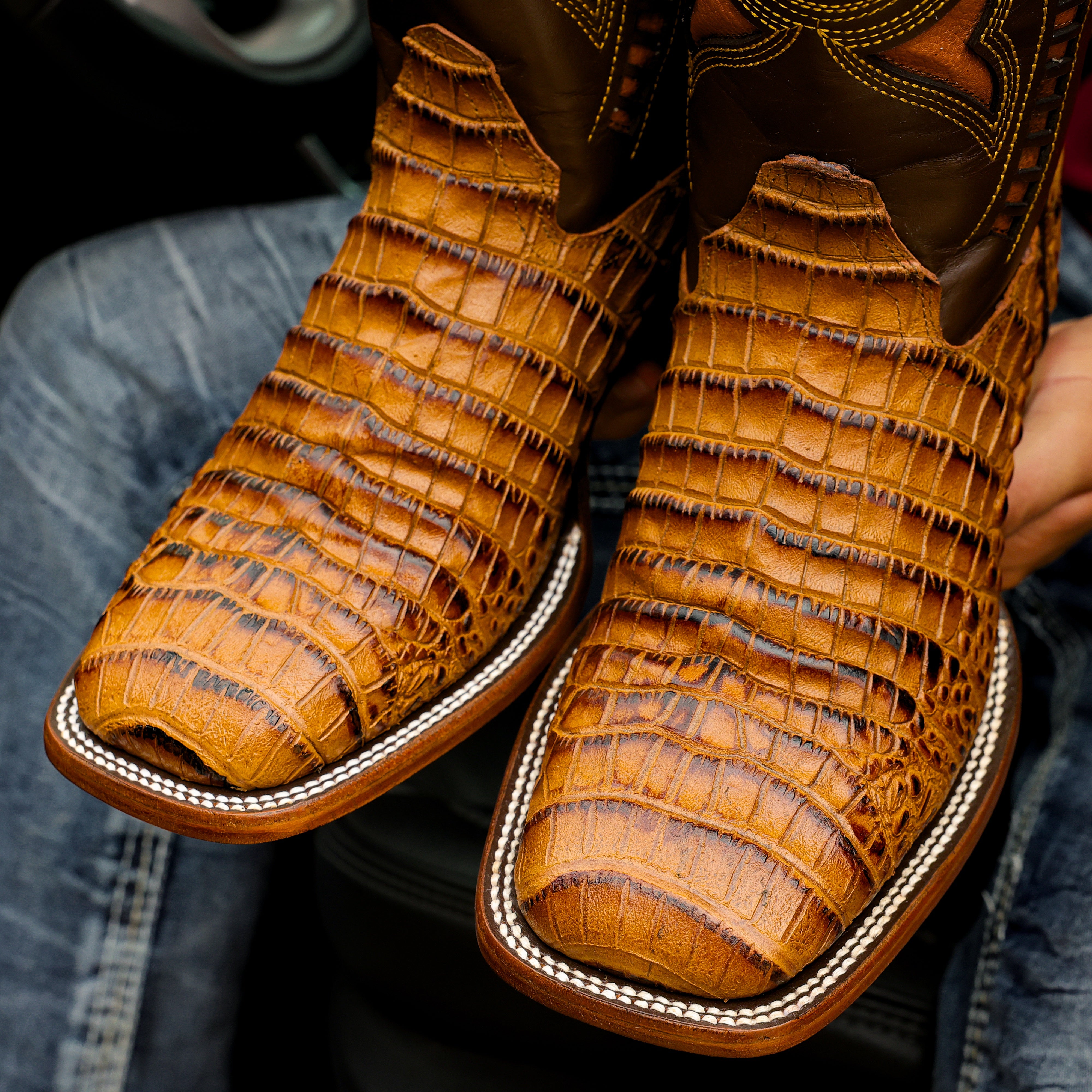 Honey Caiman Belly Leather Boots - Square Toe