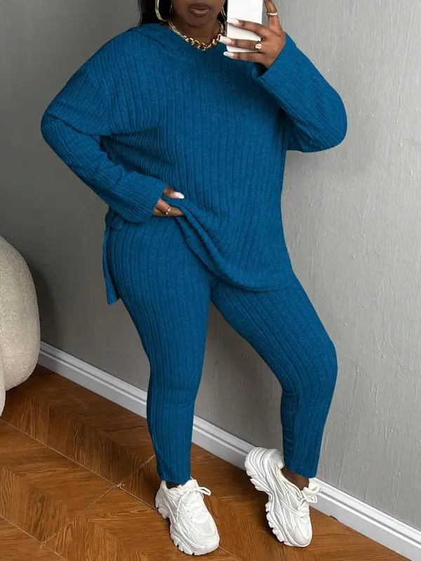Plus Size Women’s Ribbed Hoodie & Pants Set – Cozy Casual Fall & Winter Outfit