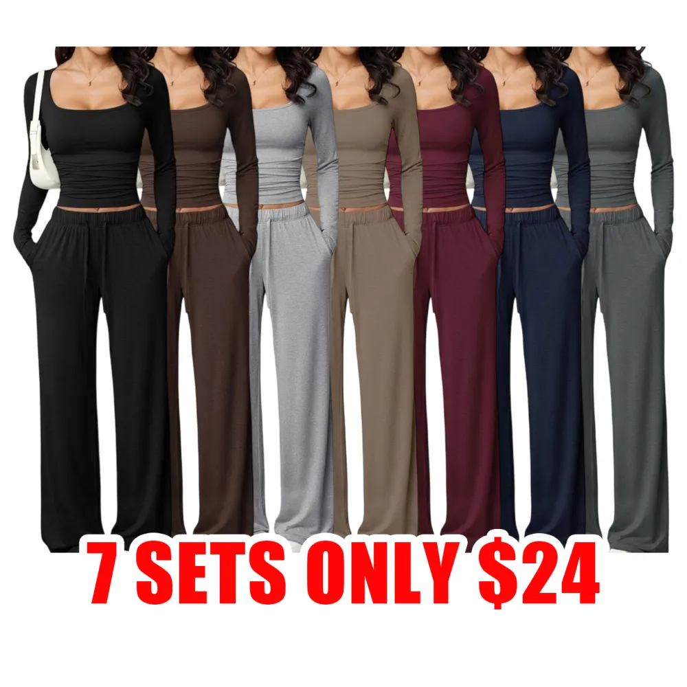 Women’s 2-Piece Lounge Set Square Neck Crop Top & Wide Leg Pants