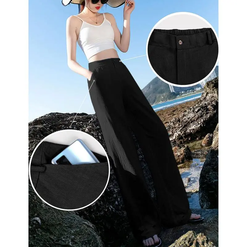 Womens Cotton Linen Pants Casual Button Up High Waisted Wide Leg Trousers Wideleg Loose Womenswear Apricot