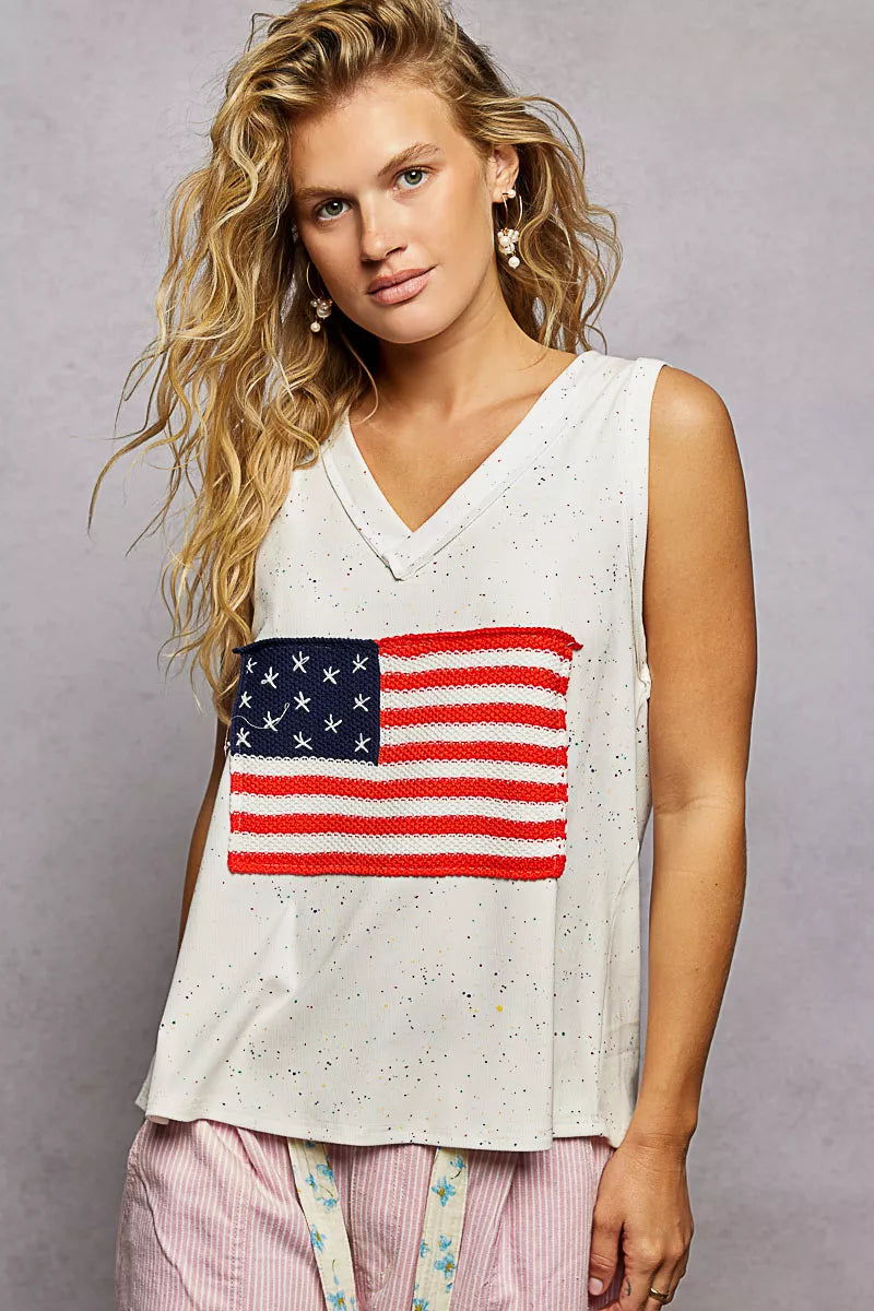 POL V-Neck Ribbed Tank with American Flag Patch and Star Back Patch