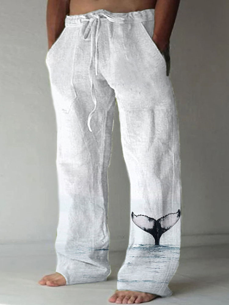 Whale Tail Art Print Linen Blend Casual Pants