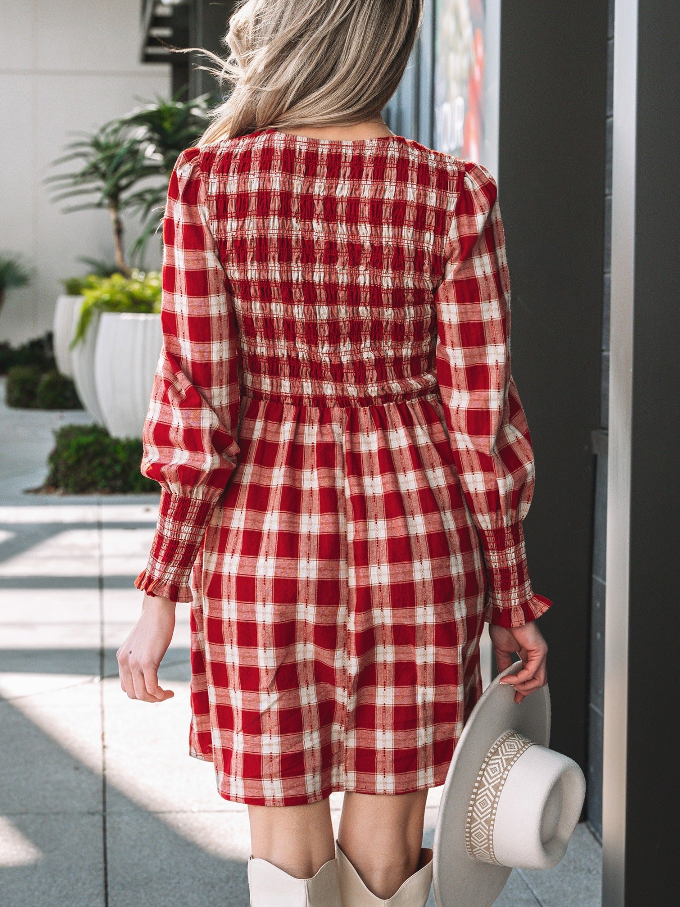 Plaid Print Smocked Puff Sleeve Mini Dress
