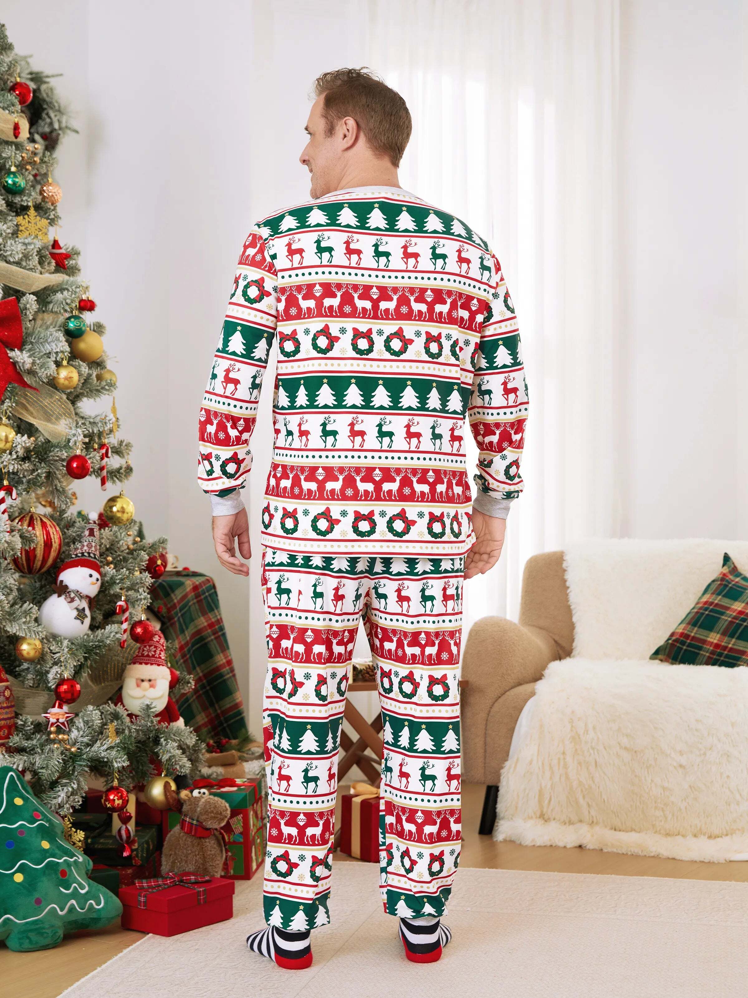 Christmas Pajamas Family Matching Allover Reindeer/Xmas Tree Pattern PJs Sets with Christmas Socks ColorBlock