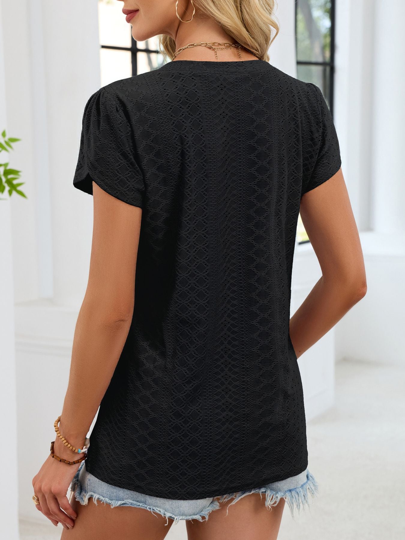 Eyelet Petal Sleeve V-Neck T-Shirt