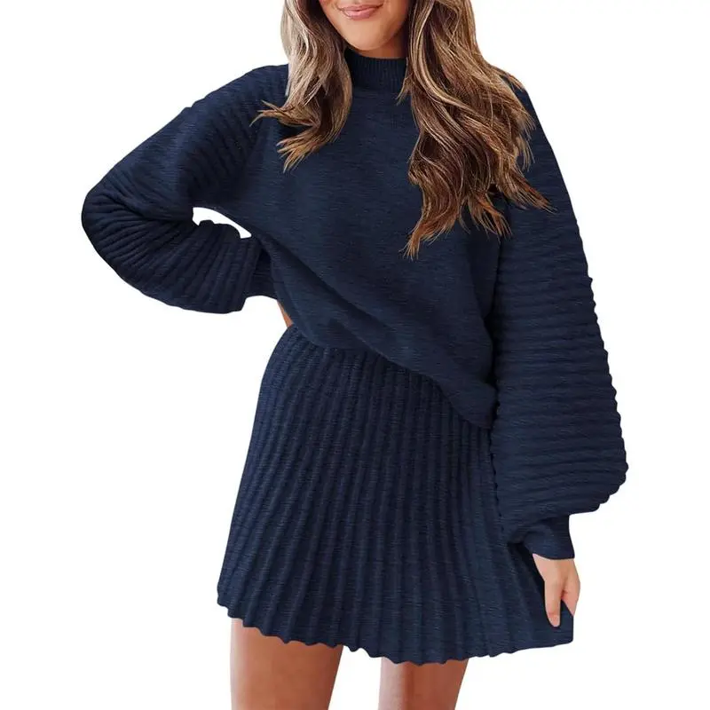 Women's long-sleeved sweater and mini skirt two-piece set