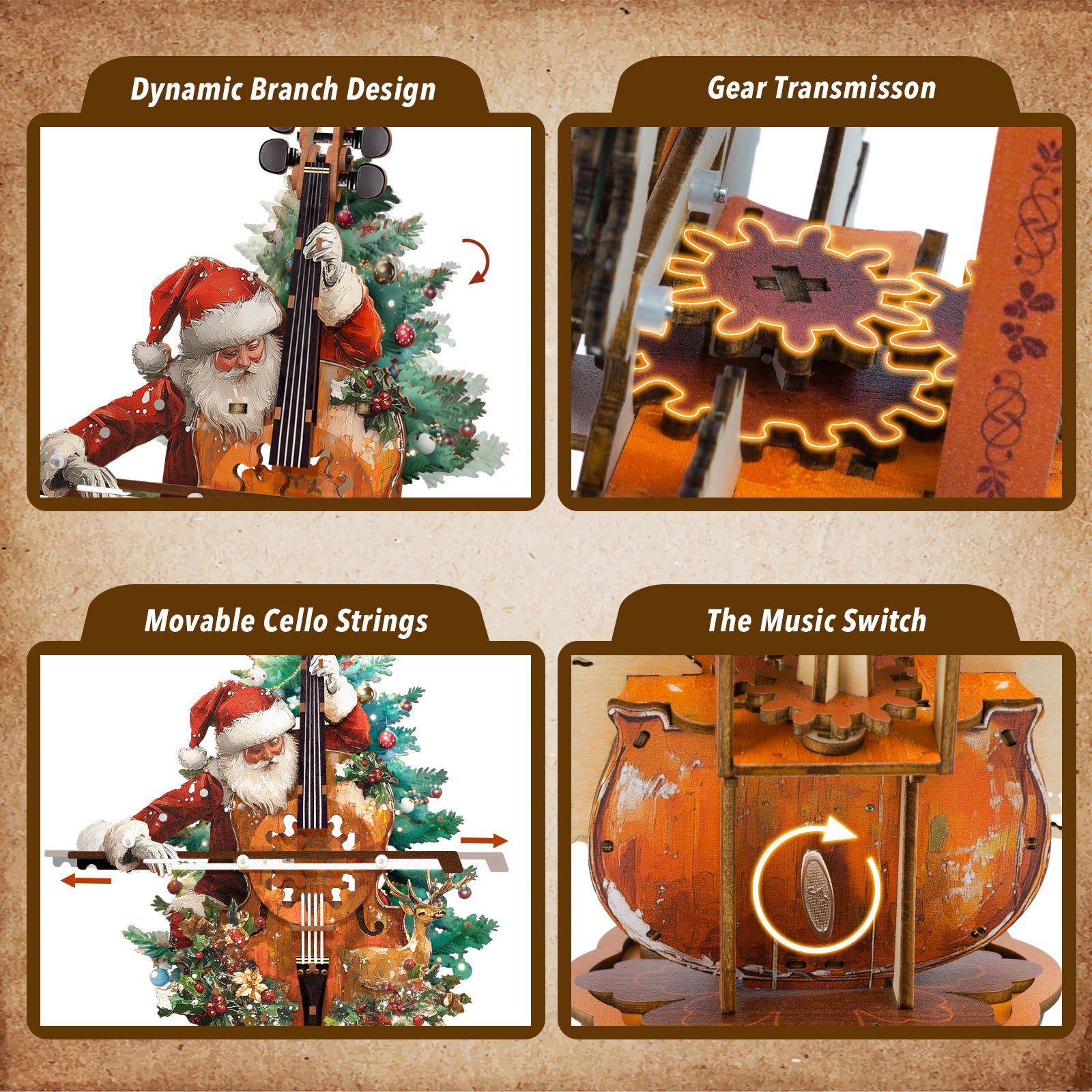 Christmas Concerto Cello â€“ DIY Wooden Music Box, 3D Puzzle Craft Kit