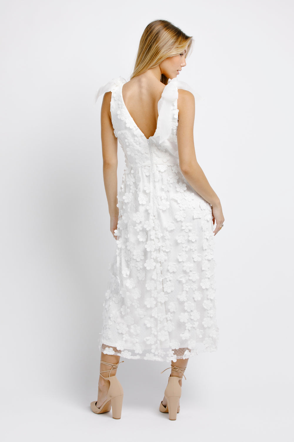 Adalynn White 3D Floral Embroidered Midi Dress