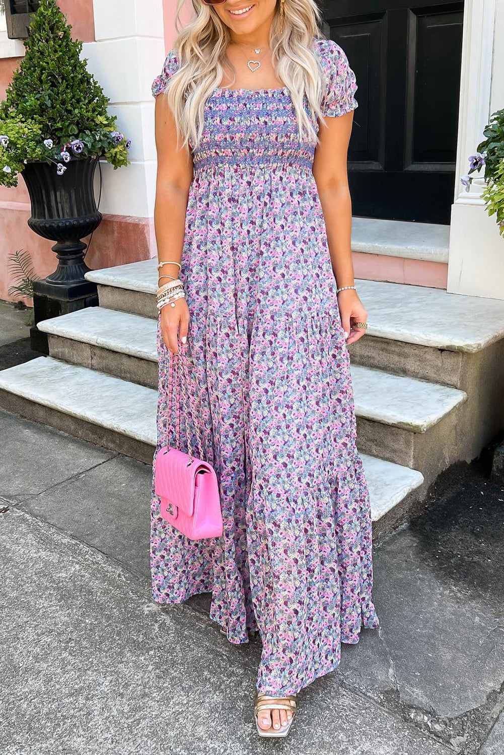Purple Floral Short Bubble Sleeve Smocked High Waist Maxi Dress