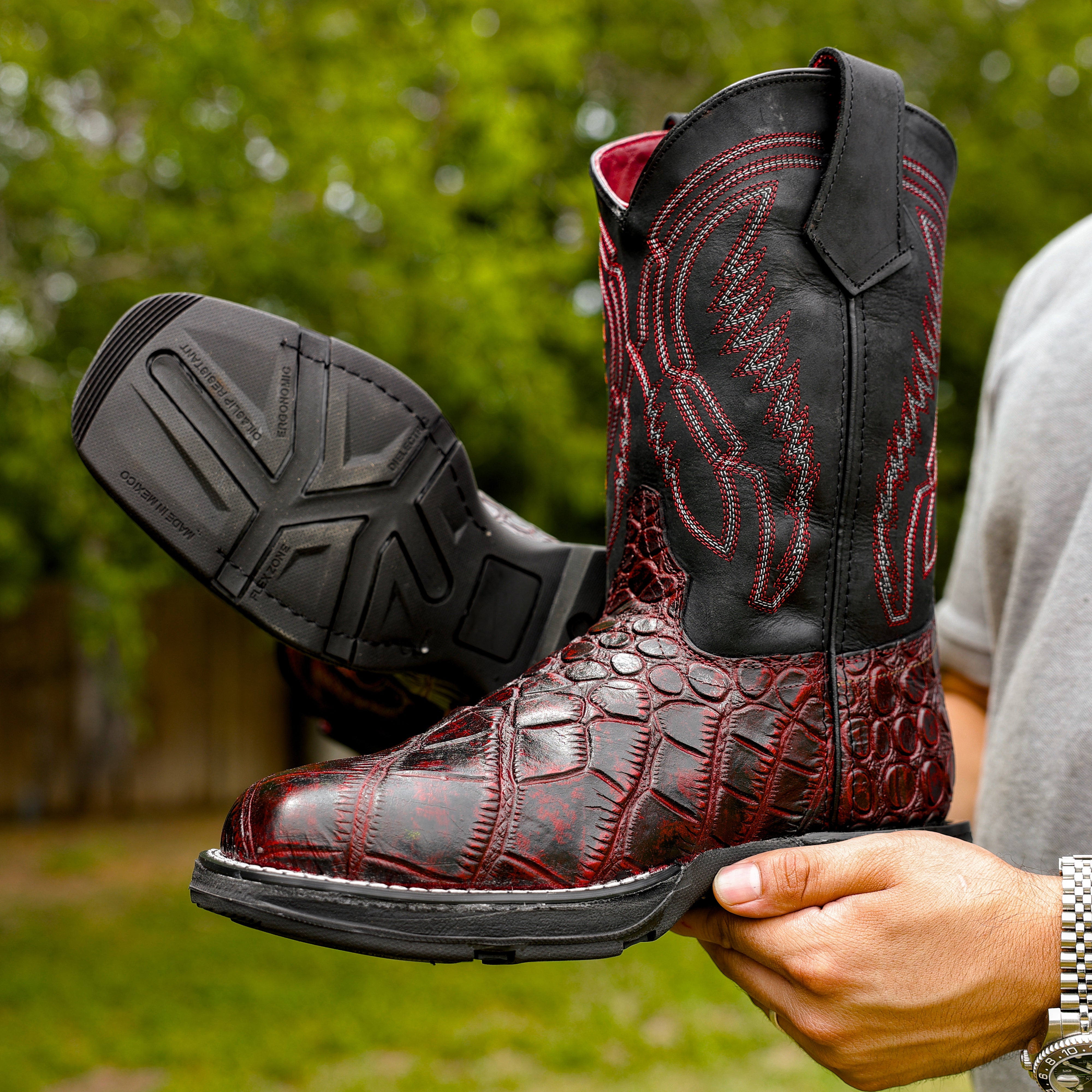 Black Cherry Caiman Belly Leather Boots With 3D Lightweight Sole - Composite Toe