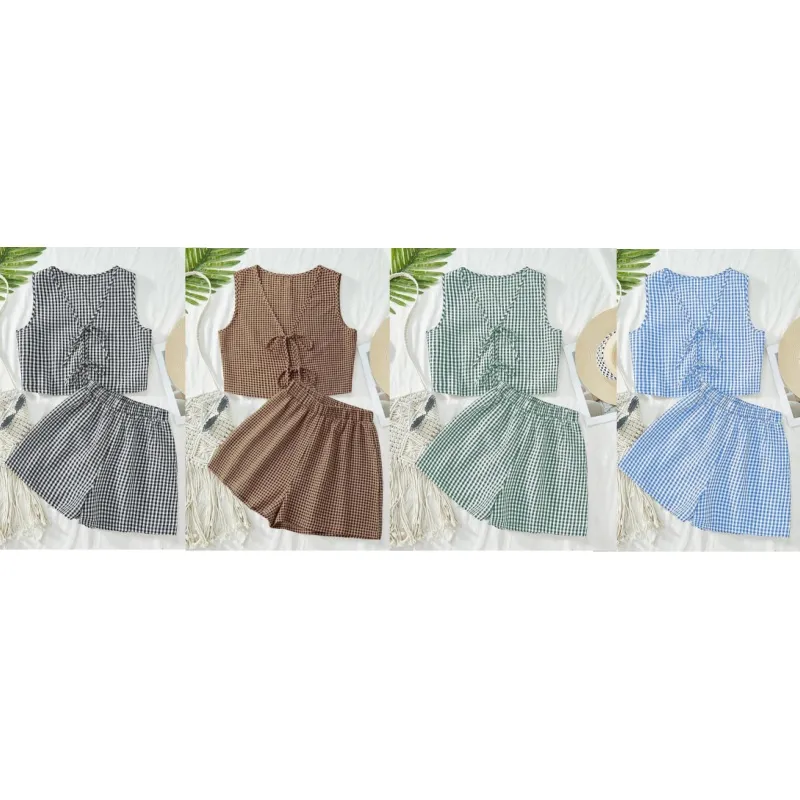 Women's Plaid Print Tank Top & High Waist Shorts Set