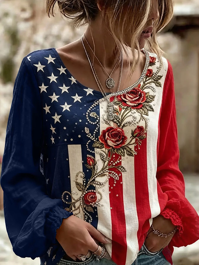 Women'S Casual Cotton And Linen Retro American Flag Flower Independence Day Celebration Print Round Neck Lantern Sleeve Top