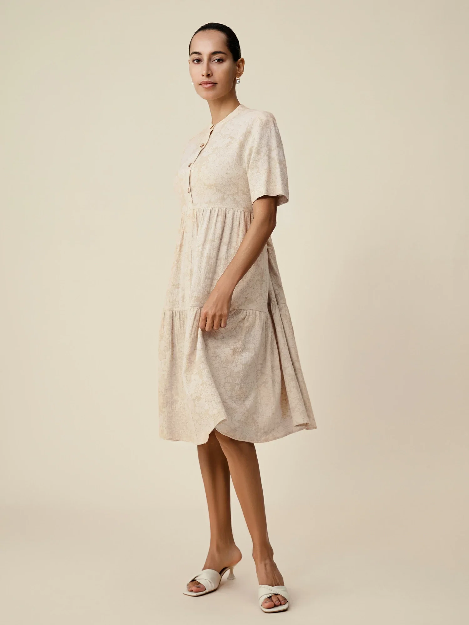 Cotton & Linen Stand Collar Short Sleeve Loose Ruffle Dress