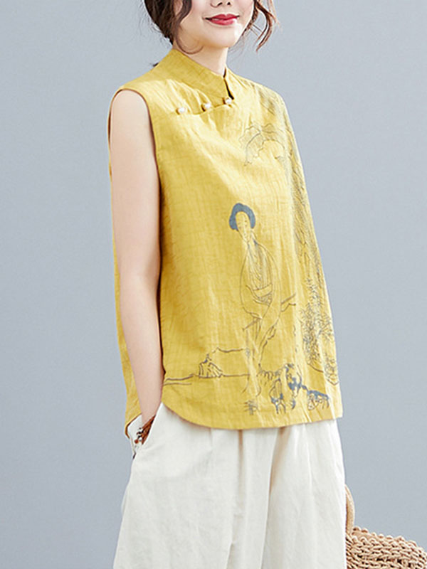 Artistic Retro Chinese-Style Printed Buttoned Stand Collar Sleeveless Vest