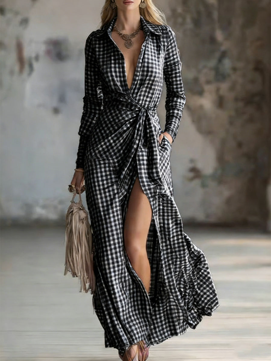 Women's Small Check Multi-color Linen-cotton Blend Long Dress