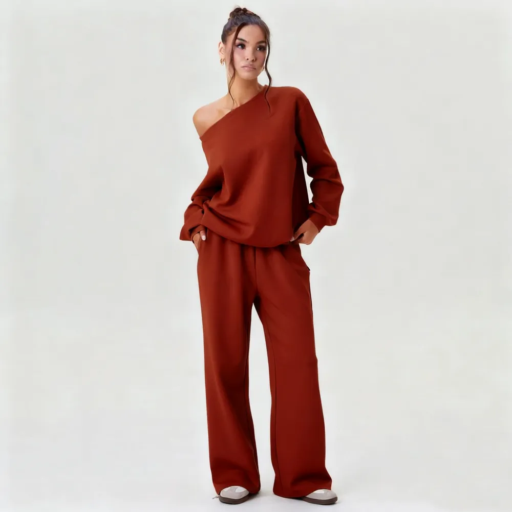 Women’s Sloping Shoulder Top & Wide Leg Pants Set