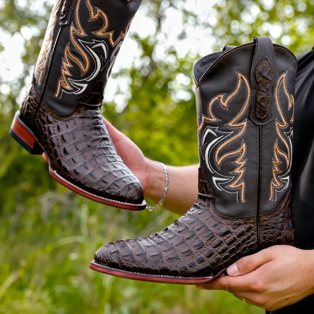 Chocolate Brown Caiman Hornback Leather Boots - Round Toe