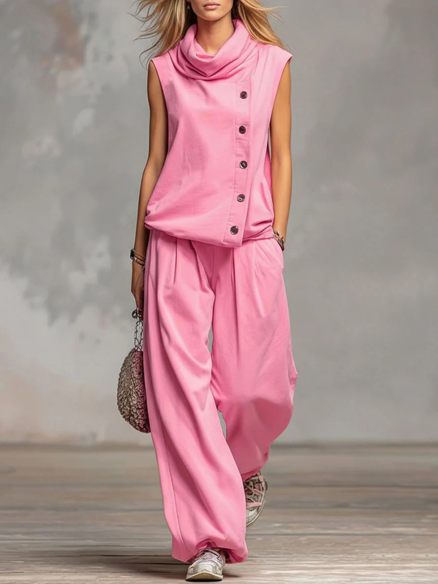 Women's Solid Color Stand-collar Sleeveless Casual Loose Cotton Top And High-waisted Loose Wide-leg Pants Set.