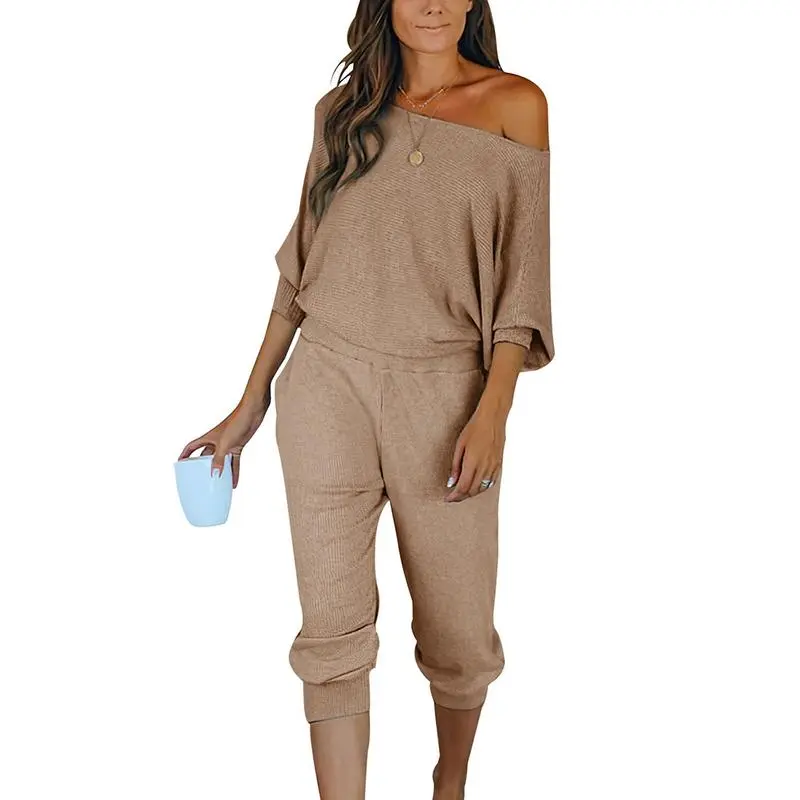 Women's 2-Piece Set Ribbed Knit Off Shoulder Tops Lounge Pants Tracksuit