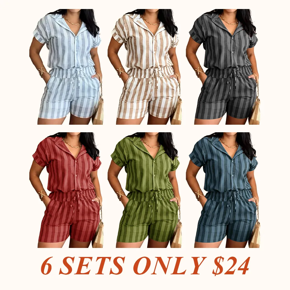 Women's Cotton Linen Striped Short Sleeve & Shorts Casual Set