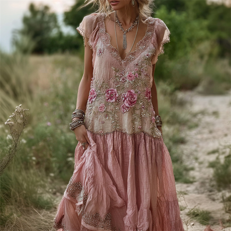 Vintage Pink Roses Glitter Embroidered Lace Linen Maxi Dress