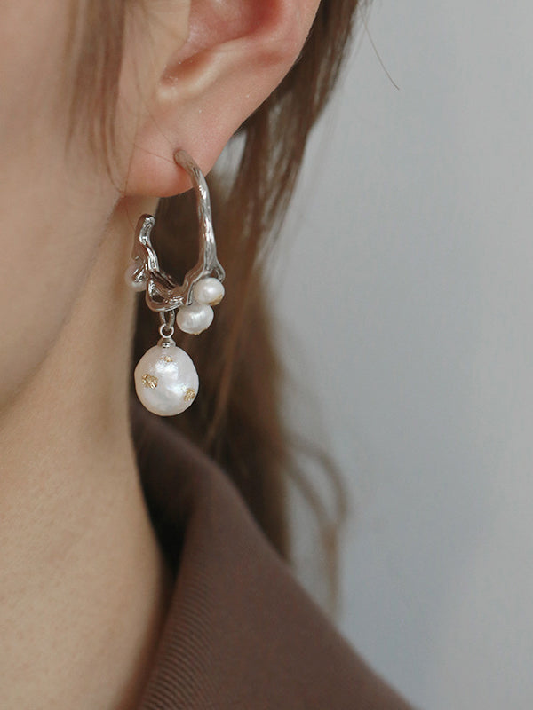 Gold Foil French Baroque Vintage Natural Pearl Earrings