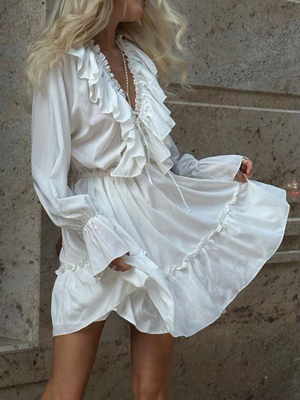 Deep V-Neck Design Smocked Trumpet Sleeves Ruffled White Waist Dress