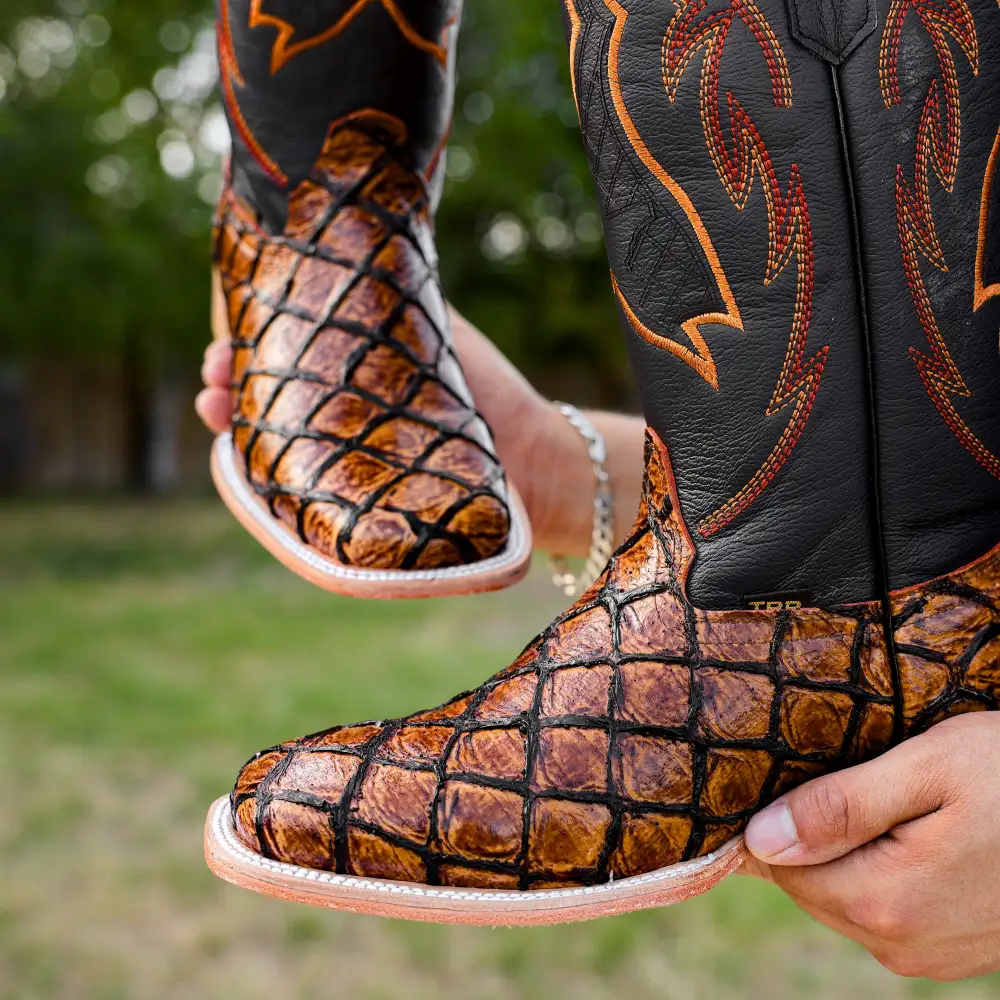 Cognac Pirarucu Leather Boots - Square Toe